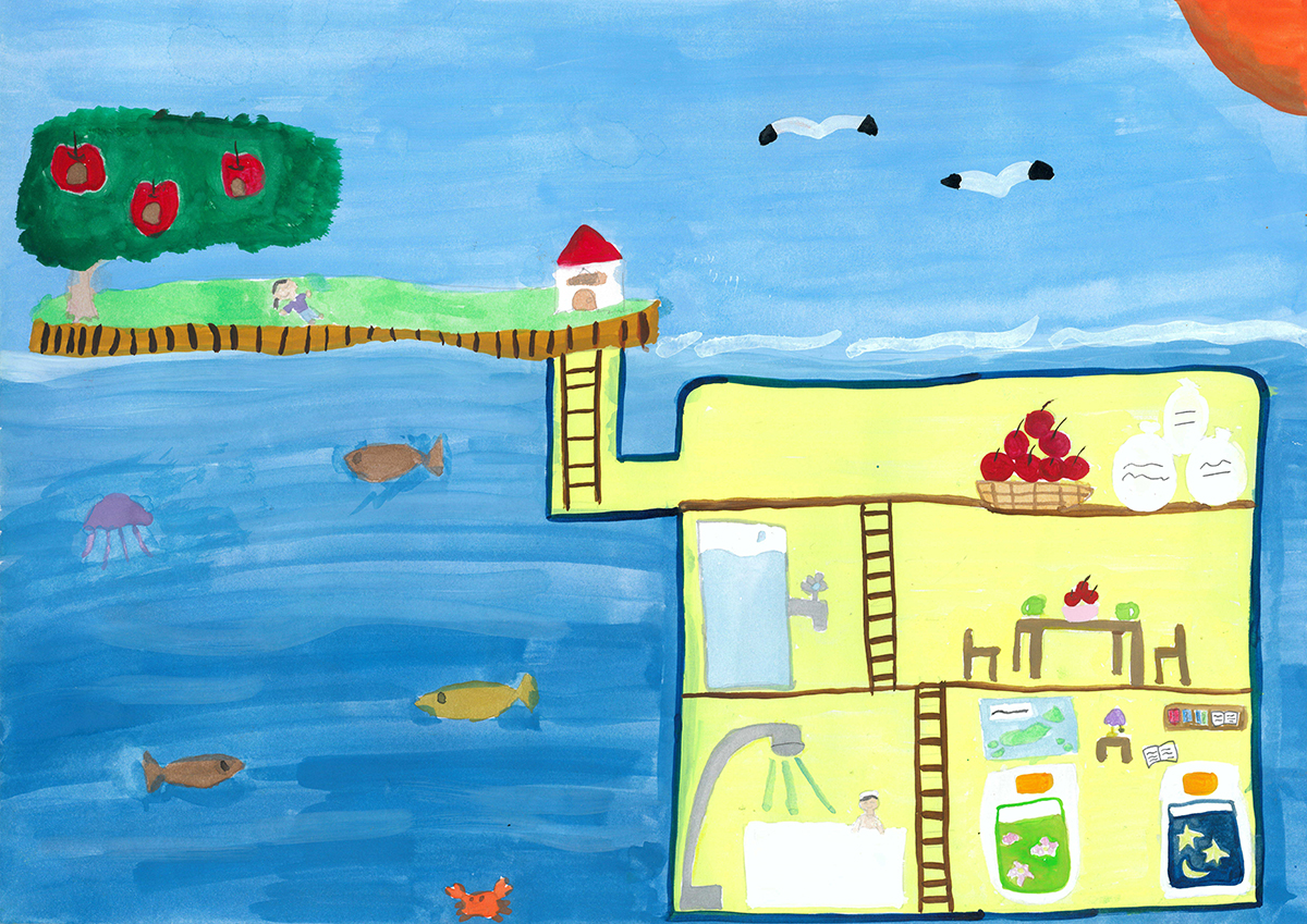 島の庭と海の中の家